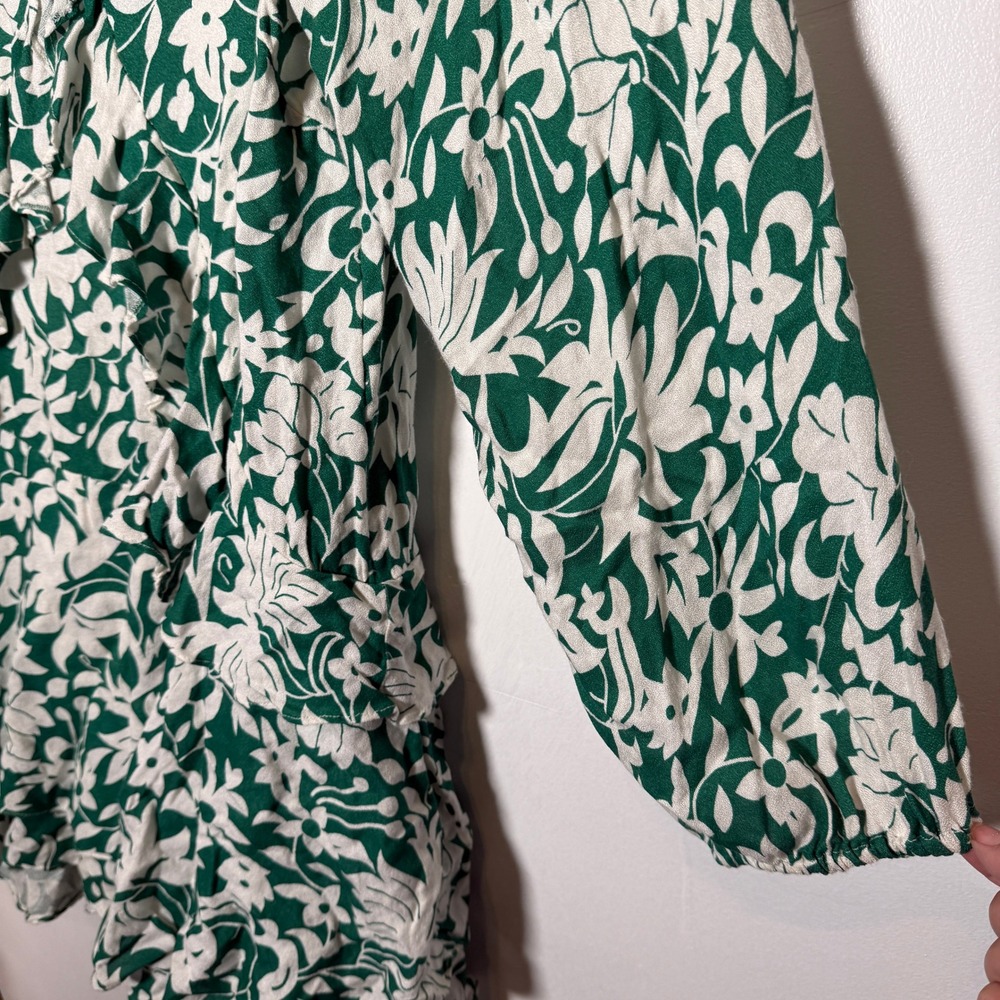 Free People Green White Floral Ruffle V-Neck Tiered Mini Dress Long Sleeve Large - Picture 2 of 6